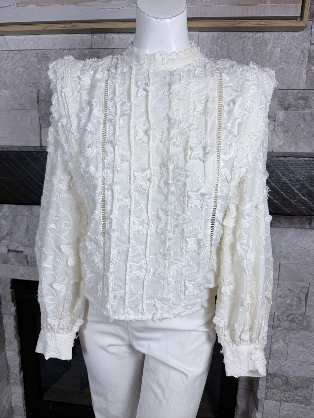 FARM Rio Cream Star-Textured Ruffled-Neck Blouse - Picture 2 of 12
